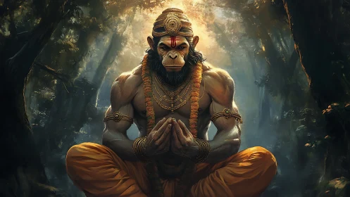 Divine simian yogi rendered in hyper-detailed digital chiaroscuro
