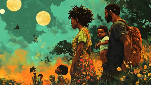 Multimoon field migration with Afro-futurist family procession.