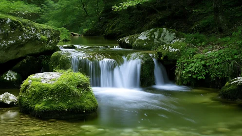 Long-exposure woodland cascade reveals hydrodynamic flow