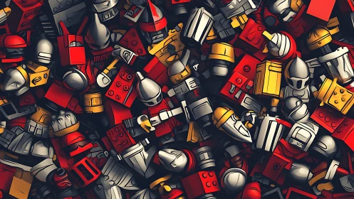 LEGO style knight and robot minifigure pile fills image frame
