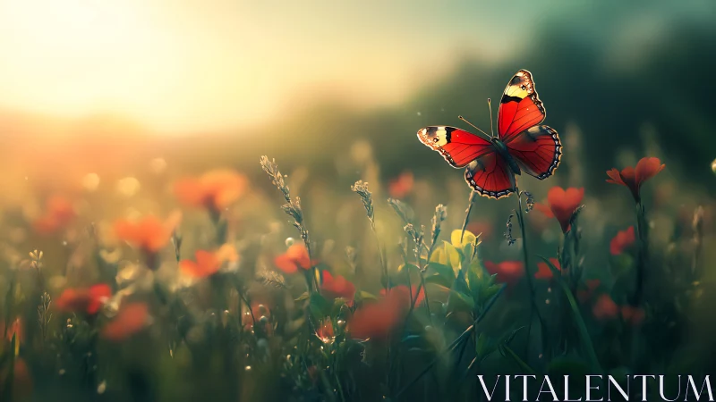 Sunlit scarlet butterfly drifting through dream-bright meadow.