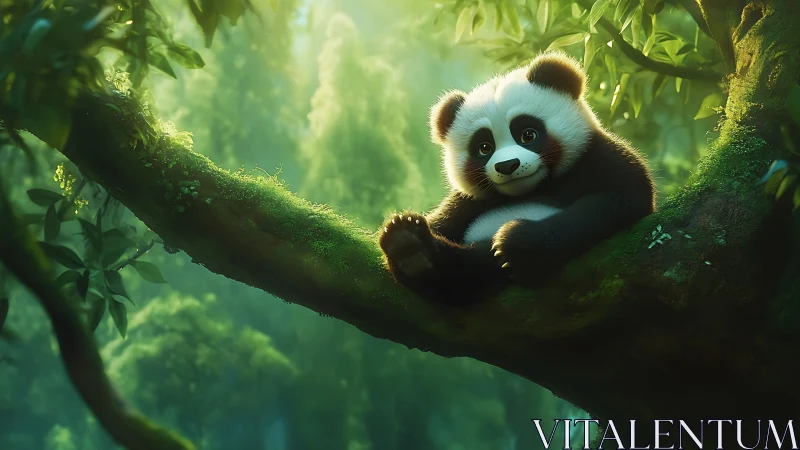Digital painting of baby panda on mossy rainforest branch.
