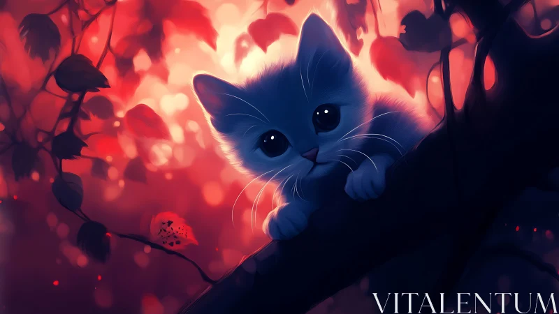 Blue feline silhouette against red botanical background