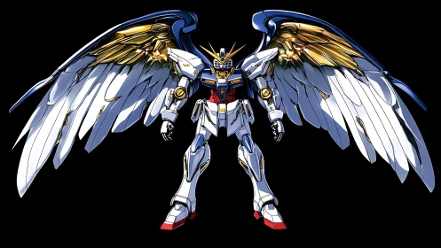 Winged mobile suit mecha with ornate metallic feather arrays.