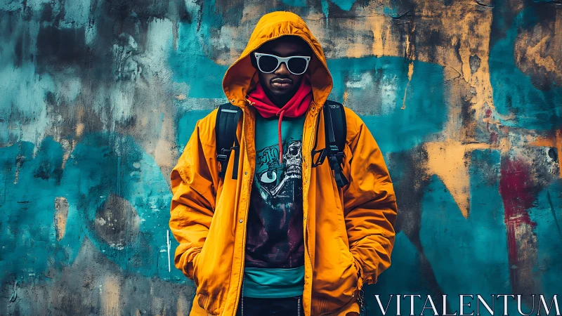 Hooded streetwear figure stands against weathered teal graffiti wall