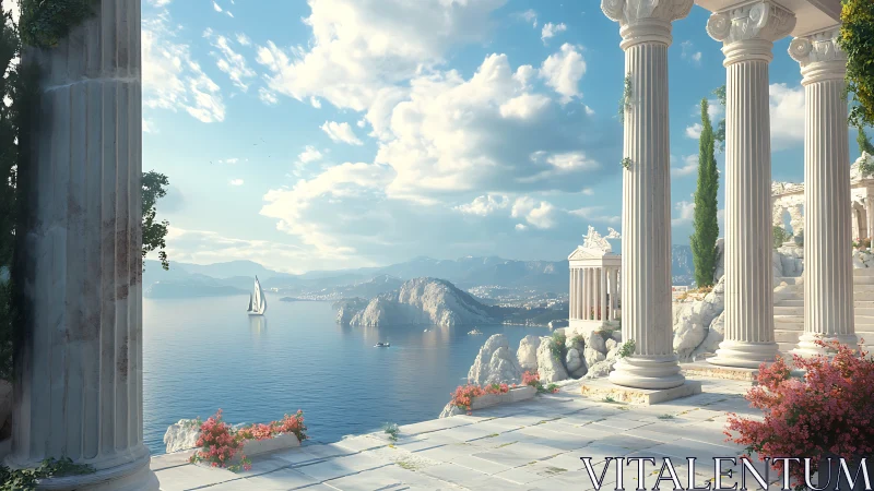 Sunlit marble colonnade overlooks tranquil coastal bay