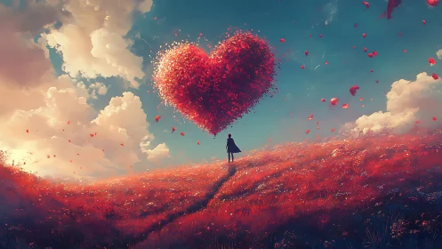 Solitary Figure Contemplates Colossal Heart Suspended Above Crimson Landscape.