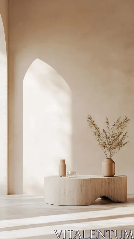 Minimalist beige interior with arched light and sculpted table