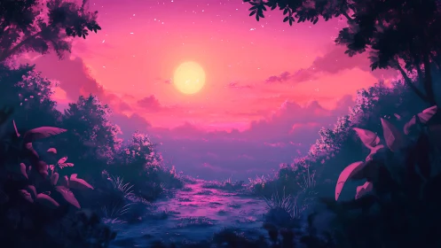 Radiant neon sunset over tranquil forest stream at dusk.