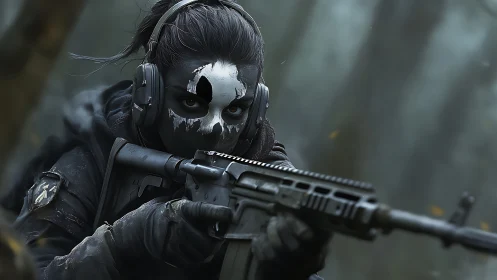 Tactical sniper with skull camo stalking target in misty woods.