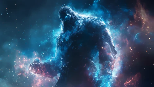 Cosmic titan emerging from radiant nebula stormscape.