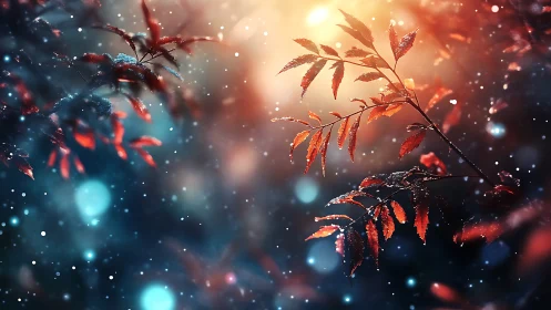 Red foliage with backlight and particles in shallow focus.