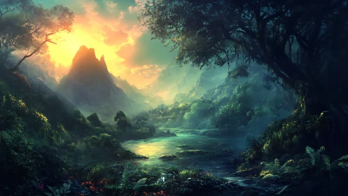 Mystical Valley Dawn: Mountain Cathedral Bathed in Golden Celestial Light