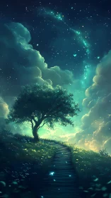 Starlit hilltop path leading toward a softly glowing sky.