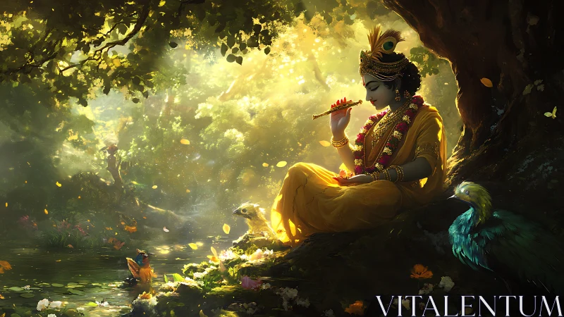 Divine figure plays flute in sunlit forest by a stream.