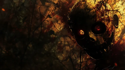 Burning mechanical skull emerges through tangled shadows.