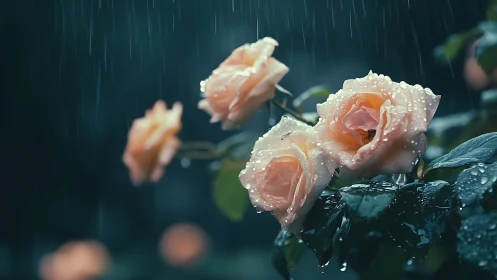 Peach roses with raindrops in rain storm