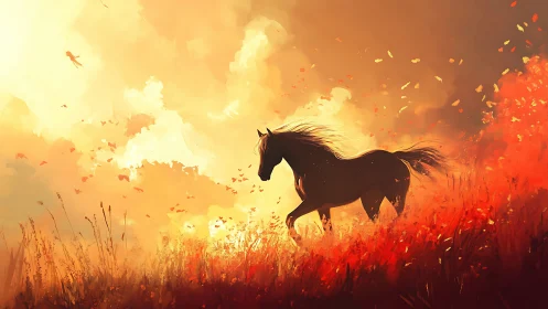 Wild horse crossing burning-gold field at sunset glow.