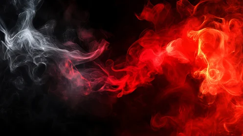 Red and White Smoke Collision on Black Background.