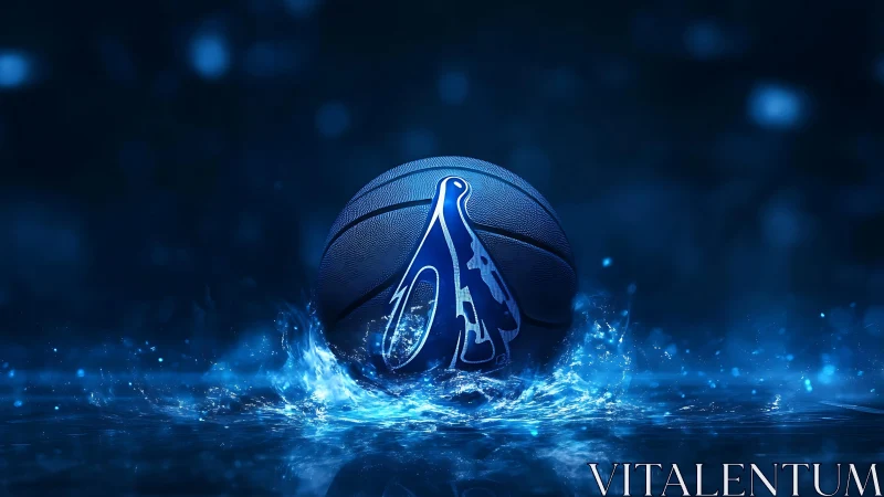 Electric blue basketball logo emerging through splashing water.