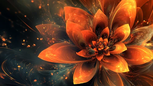 Solar ember chrysanthemum blooming in liquid starlight.