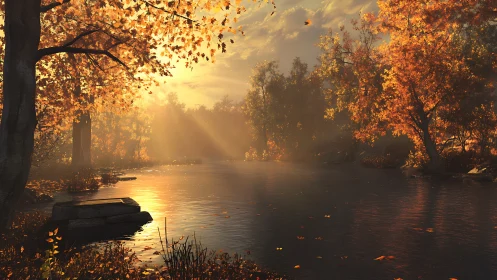 Autumn river at sunset in photorealistic 3D environment design.