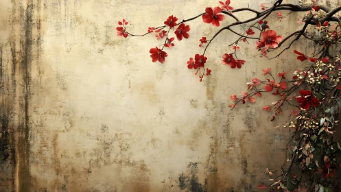 Red blossoms arc across aged textured ochre wall