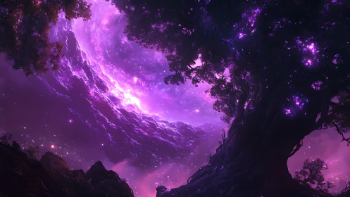 Luminescent cosmic tree beneath swirling violet nebula sky