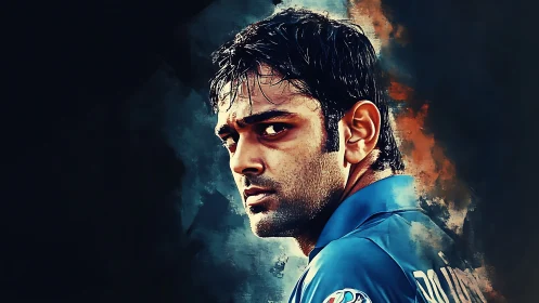 Male figure rendered in stylized portrait with textured backdrop