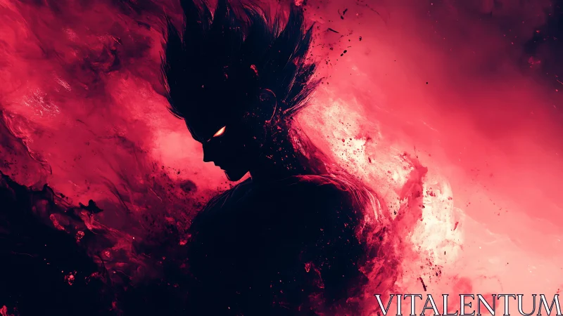 Fiery warrior silhouette stands inside a storm of crimson power