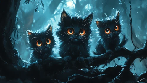 Three Dark Kittens with Luminous Golden Eyes in Mystical Forest.