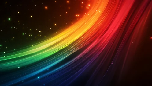 Bright rainbow light trails curve gently through a starry night