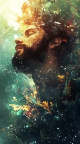 Dreaming titan drifts upward through swirling ocean starlight