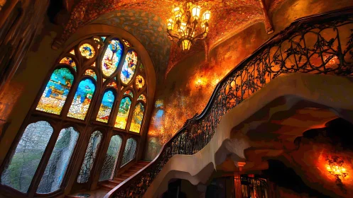 Stained glass staircase interior shows ornate curved railing