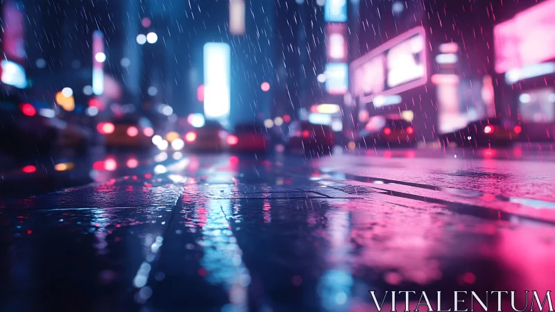 Neon-lit wet city street with bokeh traffic in heavy rain.