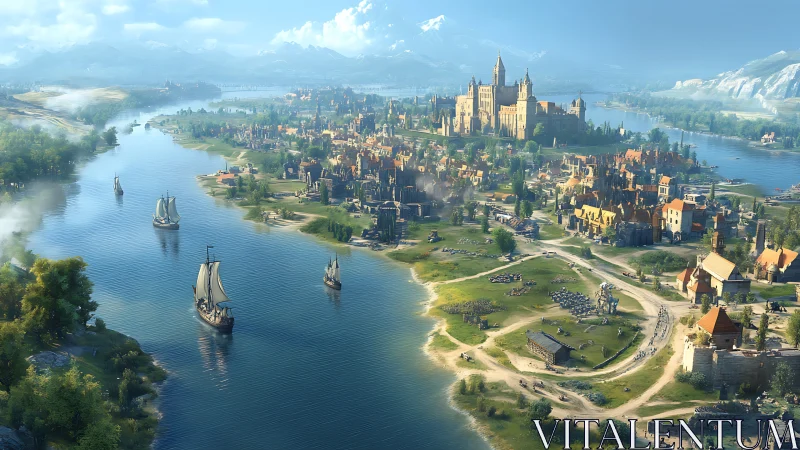 Medieval riverside kingdom in expansive panoramic digital painting.