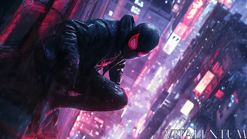 Masked urban vigilante crouches on neon wall in rainfall