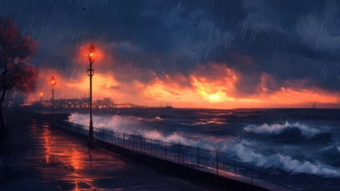 Coastal promenade under rainfall at sunset seascape scene.