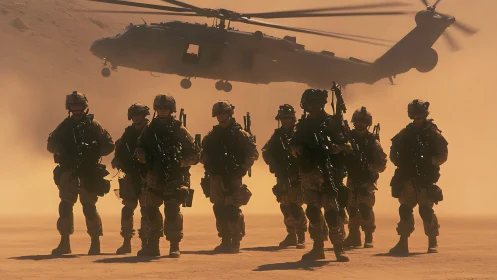 Soldiers stand in formation as helicopter hovers in dust