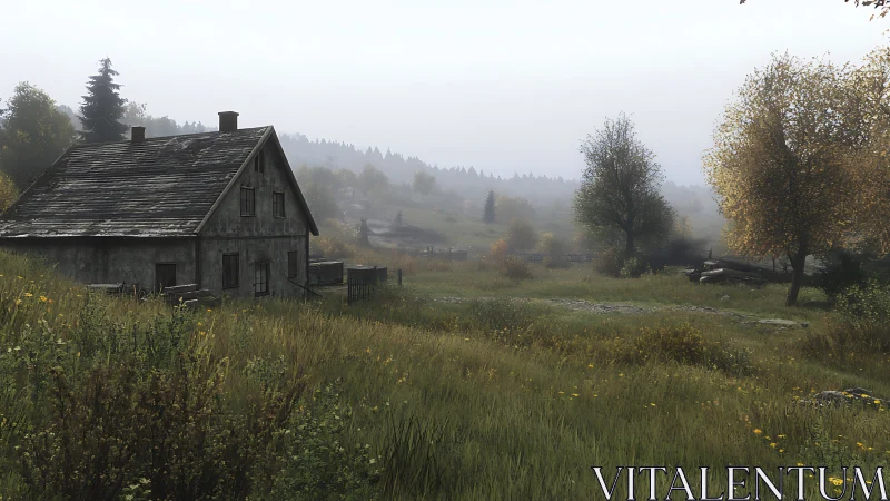 Quiet country cottage resting in a misty autumn meadow.