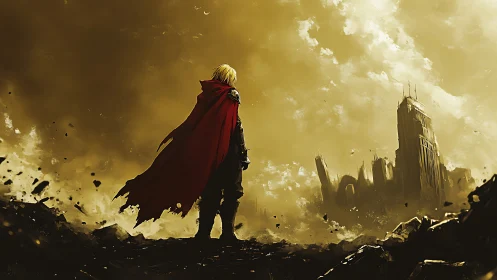 Lone caped warrior overlooking ruined golden cityscape.