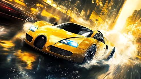 Yellow hypercar storms neon city streets in wet motion blur.