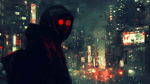 Hooded masked figure in neon cityscape at night time.