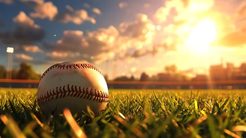 Baseball resting on grass under warm sunset light.