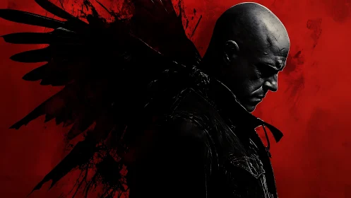 Bald man with dark wings against intense red backdrop.