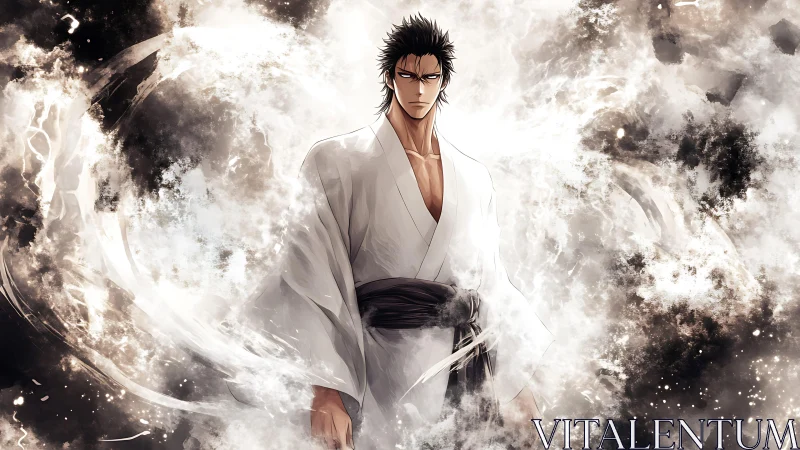 Intense anime swordsman in white robe amid swirling energy