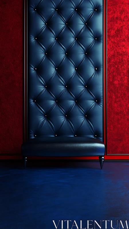 Midnight tufted leather bench against crimson textured wall.