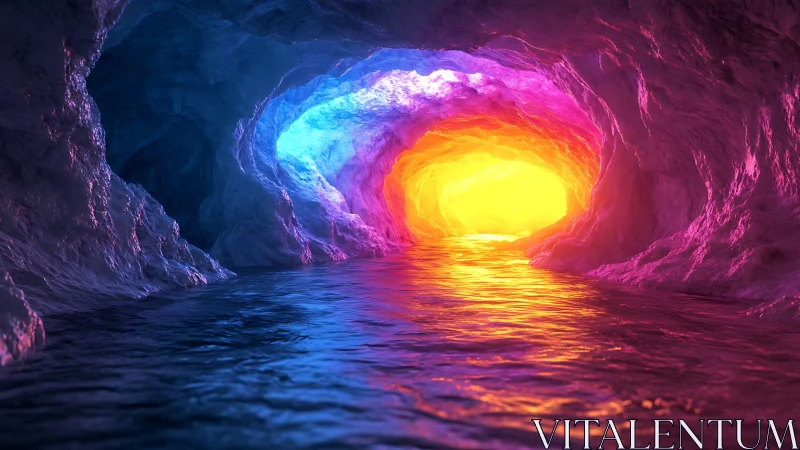 Glowing neon cave tunnel with reflective underground river.