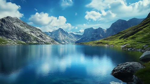 Mountain lake reflects rugged cliffs beneath vivid skies.