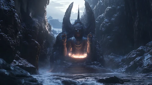 Glacial ravine deity with volcanic core illumination study.